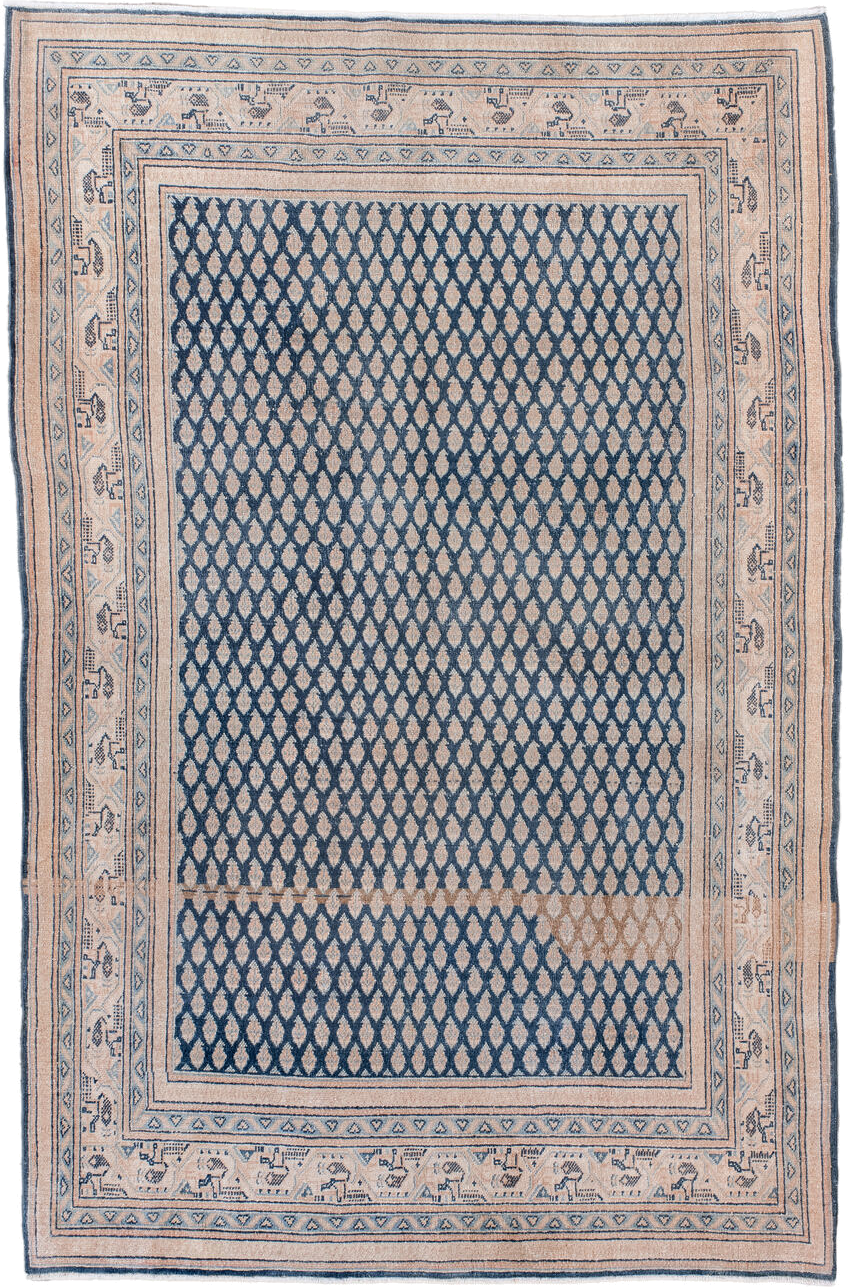 4' x 6' one-of-a-kind handmade vintage Saraband small size rug. Color palette: ivory, blue, slate, taupe, camel, gray, beige
