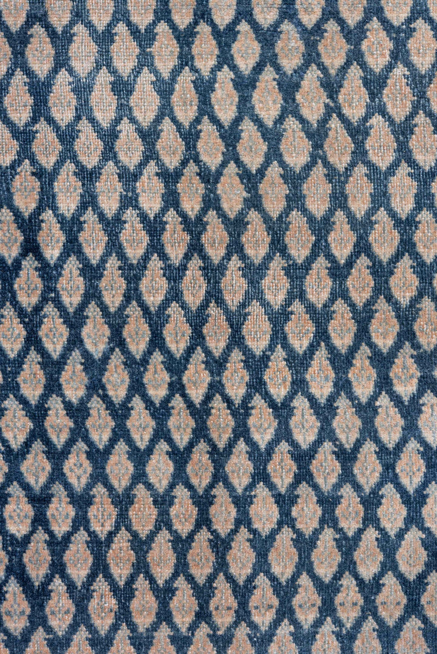 4' x 6' one-of-a-kind handmade vintage Saraband small size rug. Color palette: ivory, blue, slate, taupe, camel, gray, beige