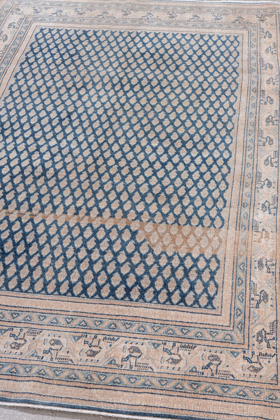 4' x 6' one-of-a-kind handmade vintage Saraband small size rug. Color palette: ivory, blue, slate, taupe, camel, gray, beige