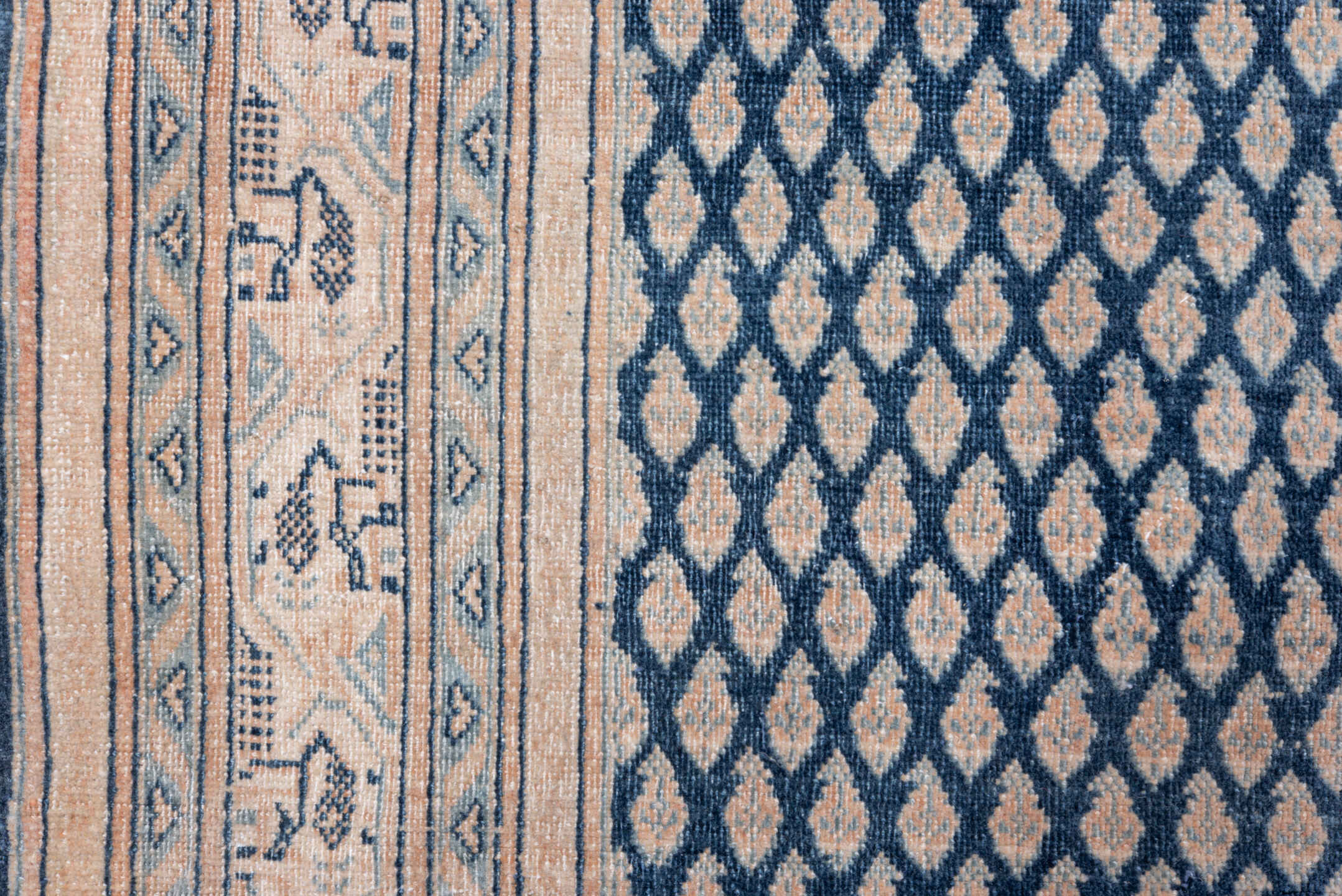 4' x 6' one-of-a-kind handmade vintage Saraband small size rug. Color palette: ivory, blue, slate, taupe, camel, gray, beige