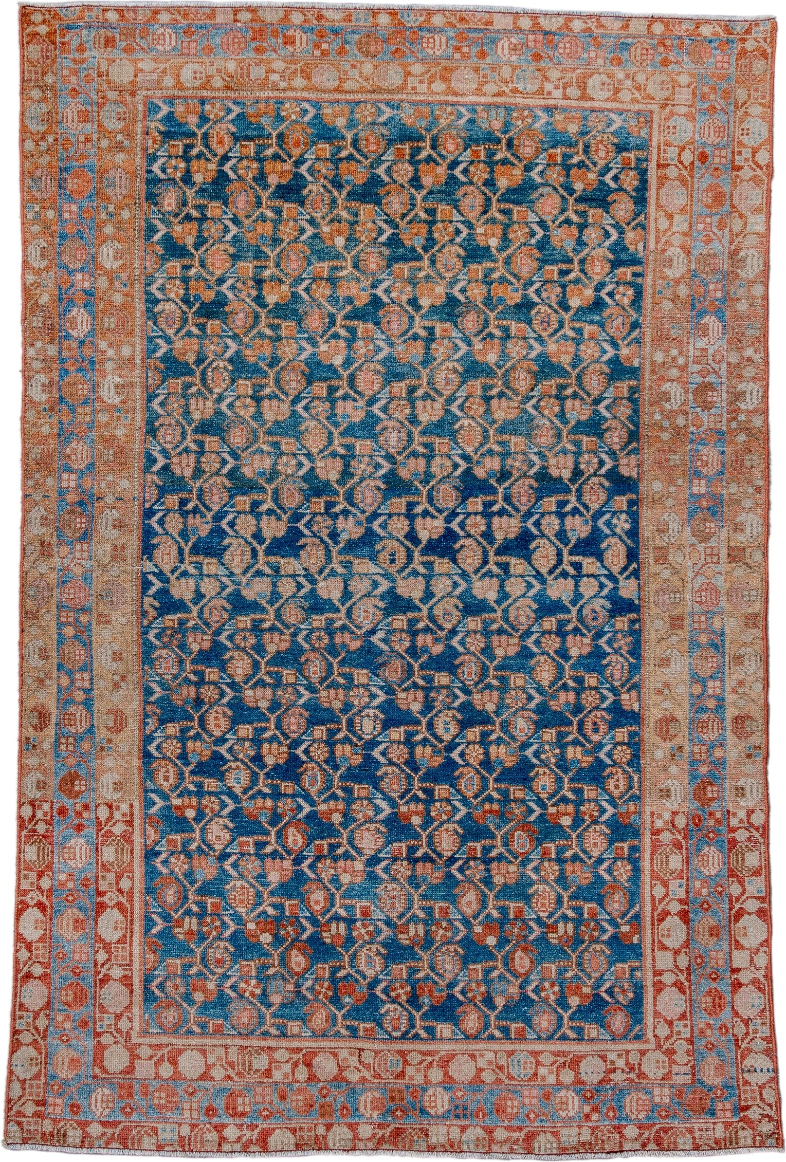 4' x 6' one-of-a-kind handmade antique Malayer small size rug. Color palette: blue, rust, ivory, sky_blue, beige