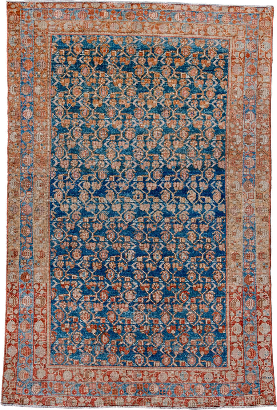 4' x 6' one-of-a-kind handmade antique Malayer small size rug. Color palette: blue, rust, ivory, sky_blue, beige