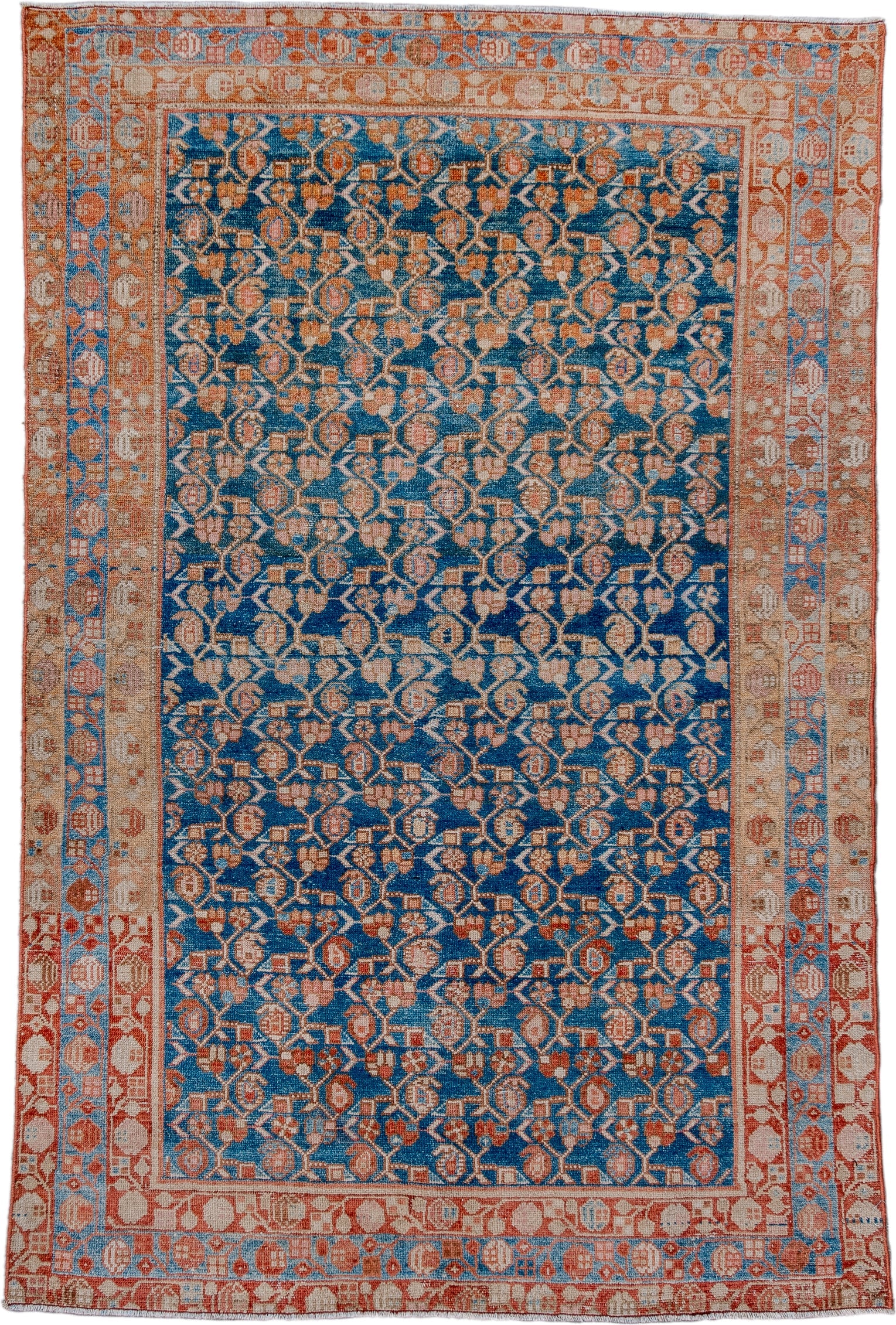 4' x 6' one-of-a-kind handmade antique Malayer small size rug. Color palette: blue, rust, ivory, sky_blue, beige