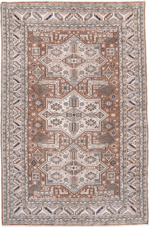 4' x 6' one-of-a-kind handmade antique Pakistan small size rug. Color palette: ivory, camel, taupe, brown, charcoal, slate