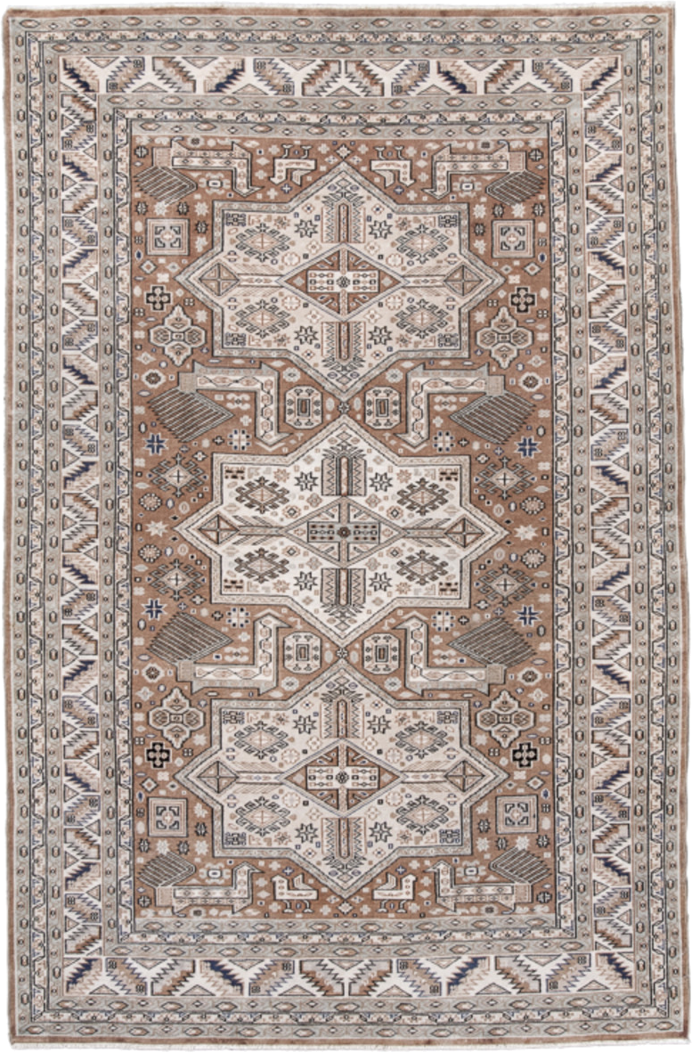 4' x 6' one-of-a-kind handmade antique Pakistan small size rug. Color palette: ivory, camel, taupe, brown, charcoal, slate