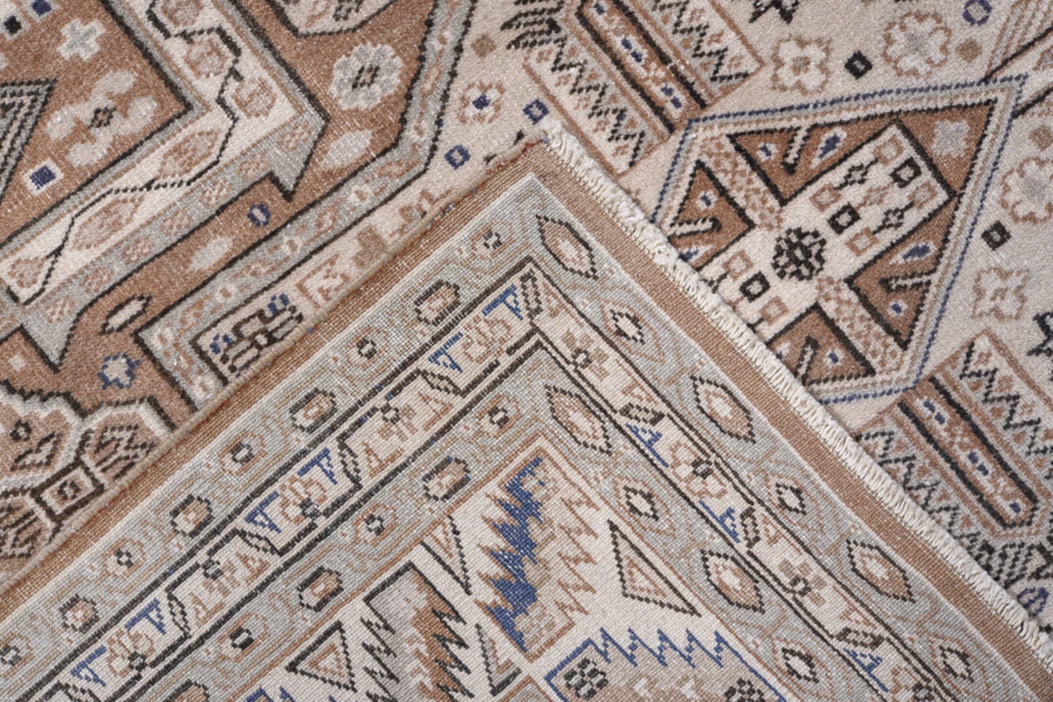 4' x 6' one-of-a-kind handmade antique Pakistan small size rug. Color palette: ivory, camel, taupe, brown, charcoal, slate