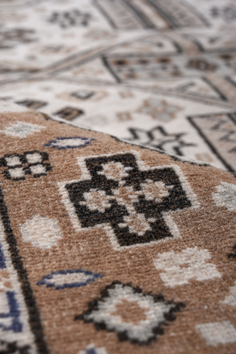 4' x 6' one-of-a-kind handmade antique Pakistan small size rug. Color palette: ivory, camel, taupe, brown, charcoal, slate