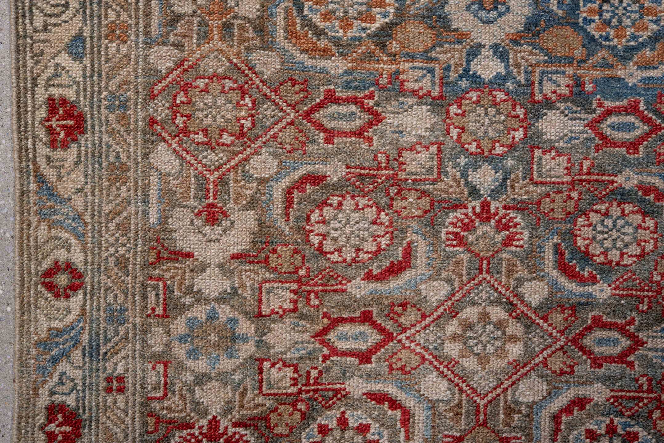 2' x 13' one-of-a-kind handmade vintage Malayer runner rug. Color palette: blue, brown, dark gray, dim gray, gray