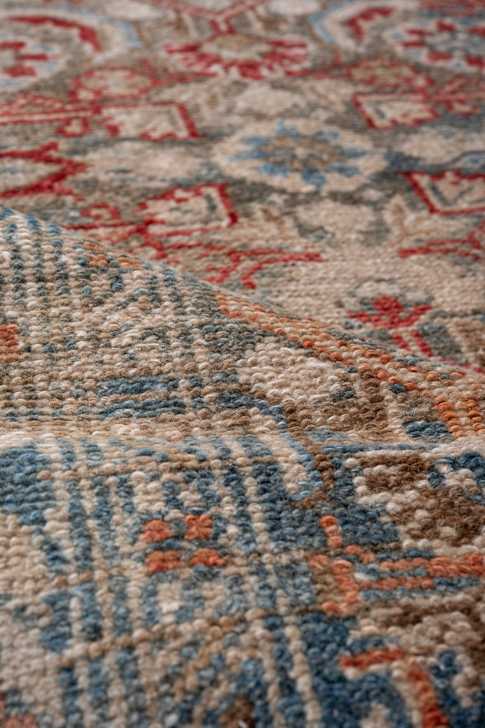 2' x 13' one-of-a-kind handmade vintage Malayer runner rug. Color palette: blue, brown, dark gray, dim gray, gray