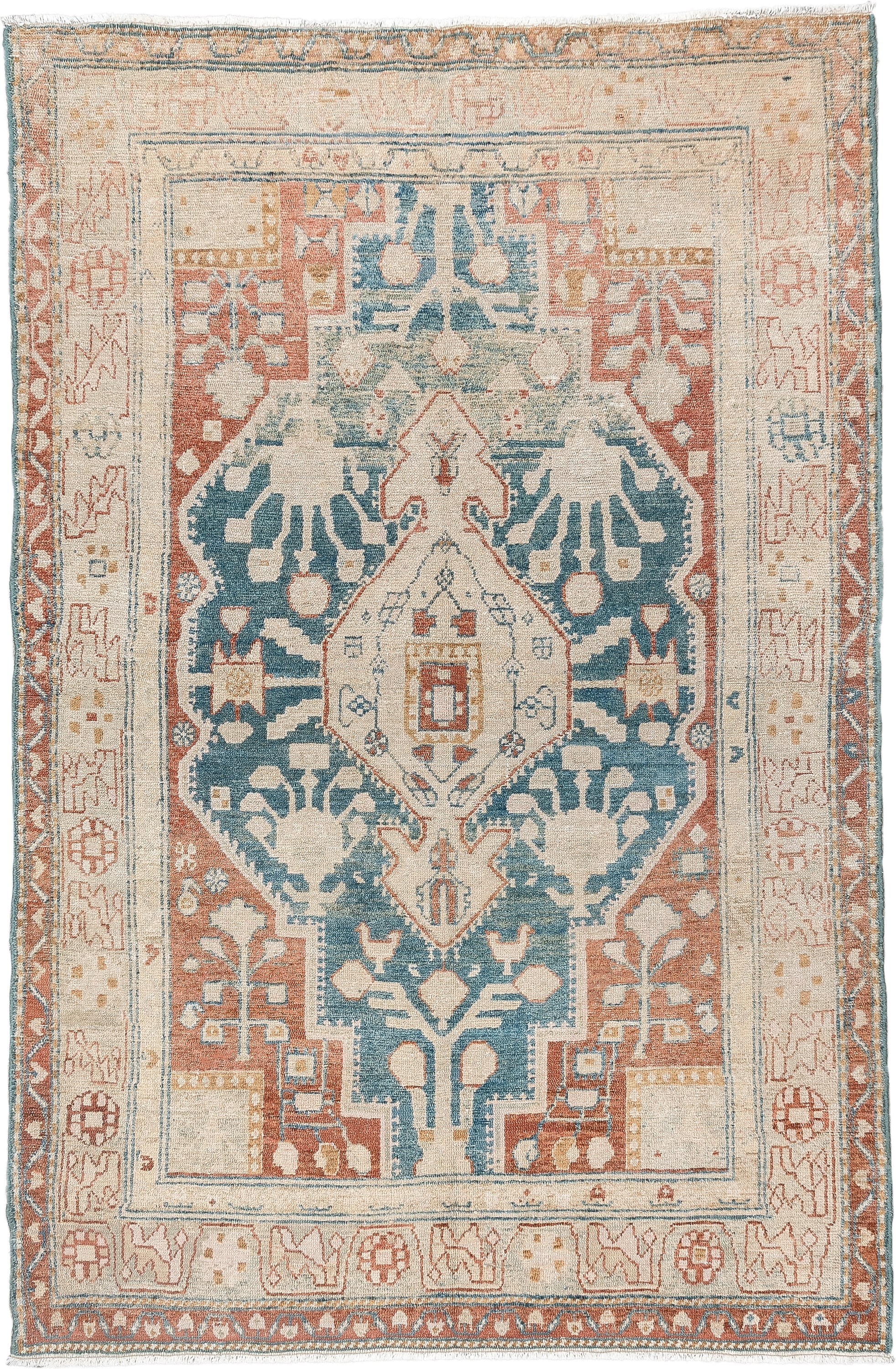 4' x 6' one-of-a-kind handmade antique Hamadan small size rug. Color palette: ivory, terracotta, pale blue, camel, taupe