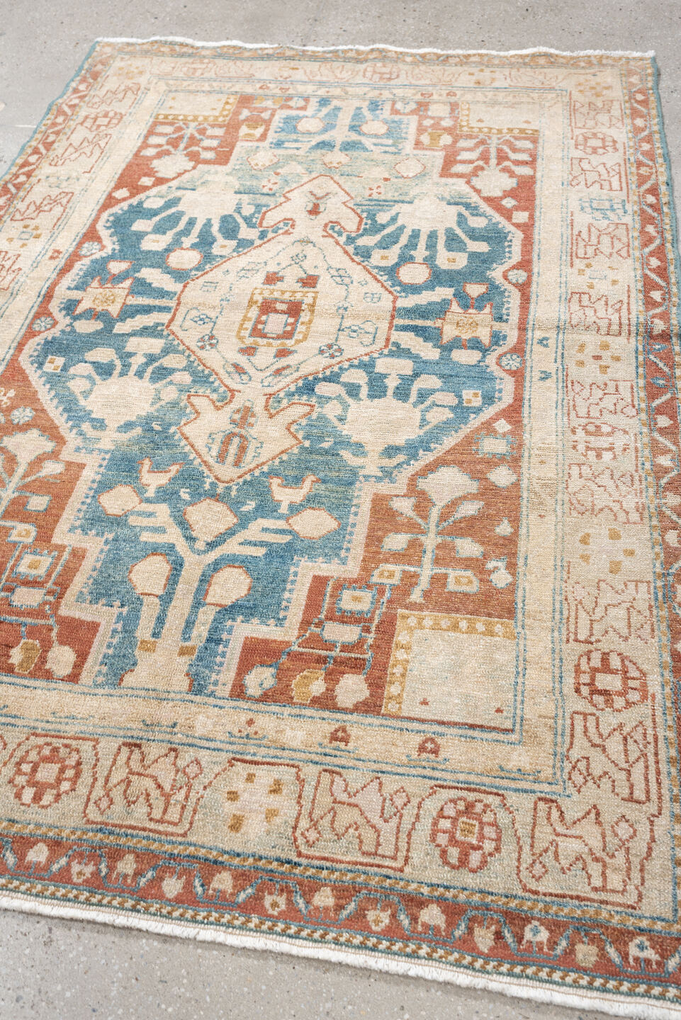 4' x 6' one-of-a-kind handmade antique Hamadan small size rug. Color palette: ivory, terracotta, pale blue, camel, taupe