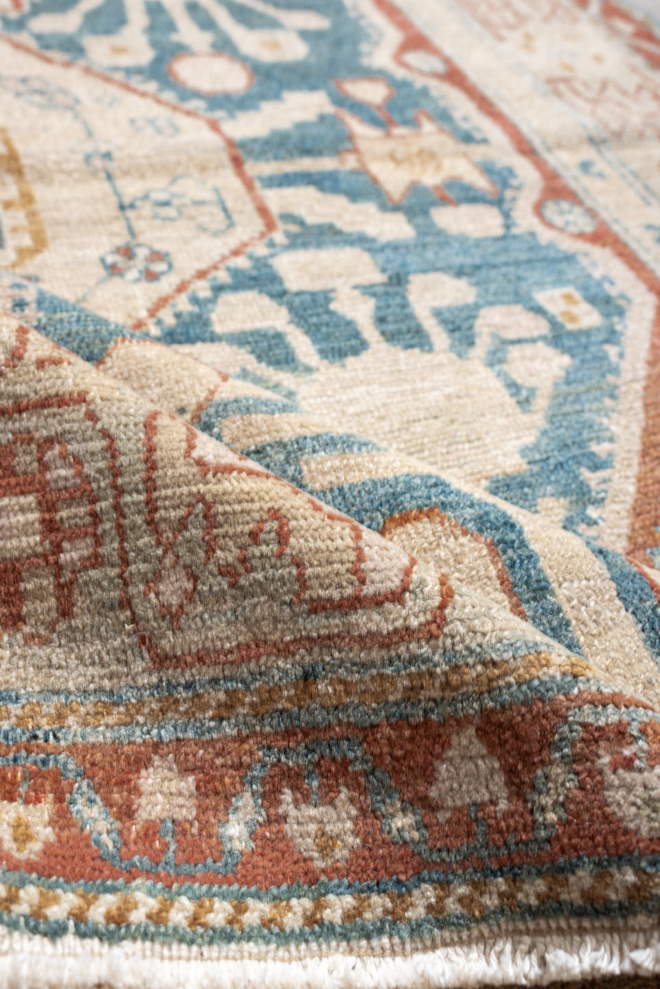 4' x 6' one-of-a-kind handmade antique Hamadan small size rug. Color palette: ivory, terracotta, pale blue, camel, taupe