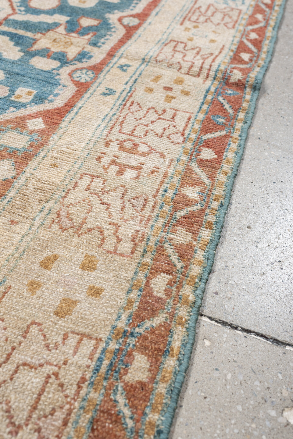 4' x 6' one-of-a-kind handmade antique Hamadan small size rug. Color palette: ivory, terracotta, pale blue, camel, taupe