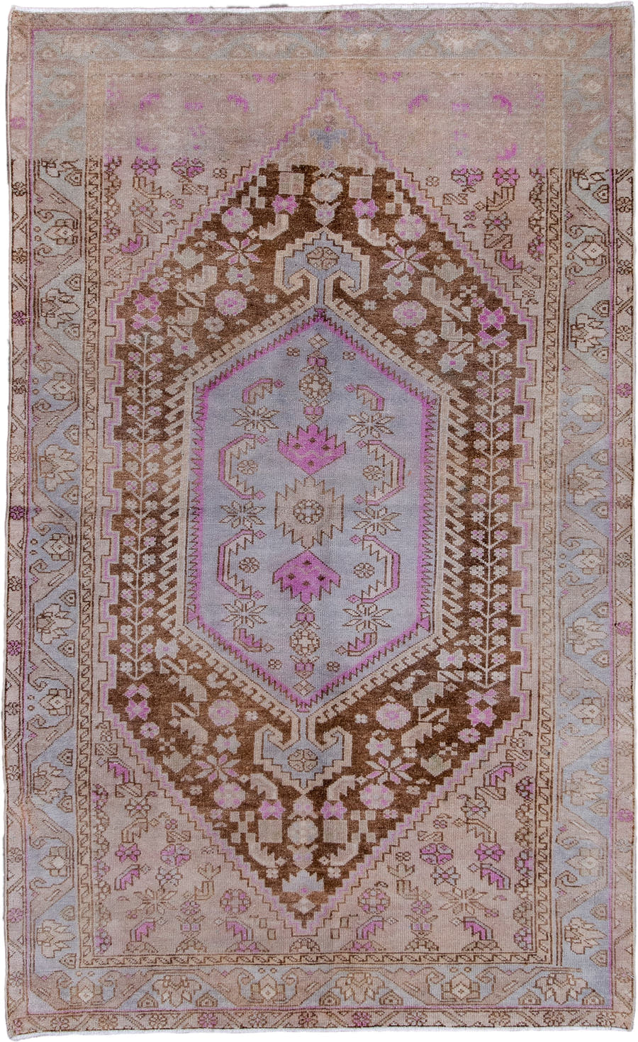 4' x 7' one-of-a-kind handmade vintage Hamadan rug. Color palette: taupe, brown, ivory, lilac, beige, camel, gray, purple