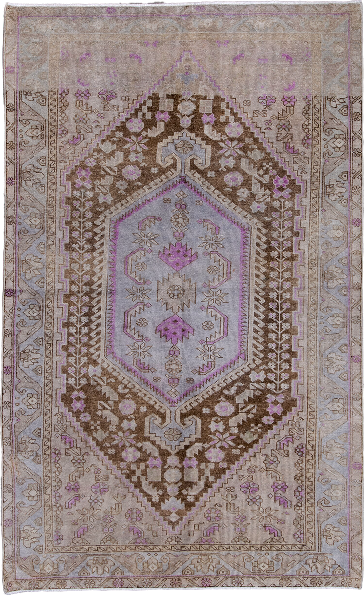 4' x 7' one-of-a-kind handmade vintage Hamadan rug. Color palette: taupe, brown, ivory, lilac, beige, camel, gray, purple
