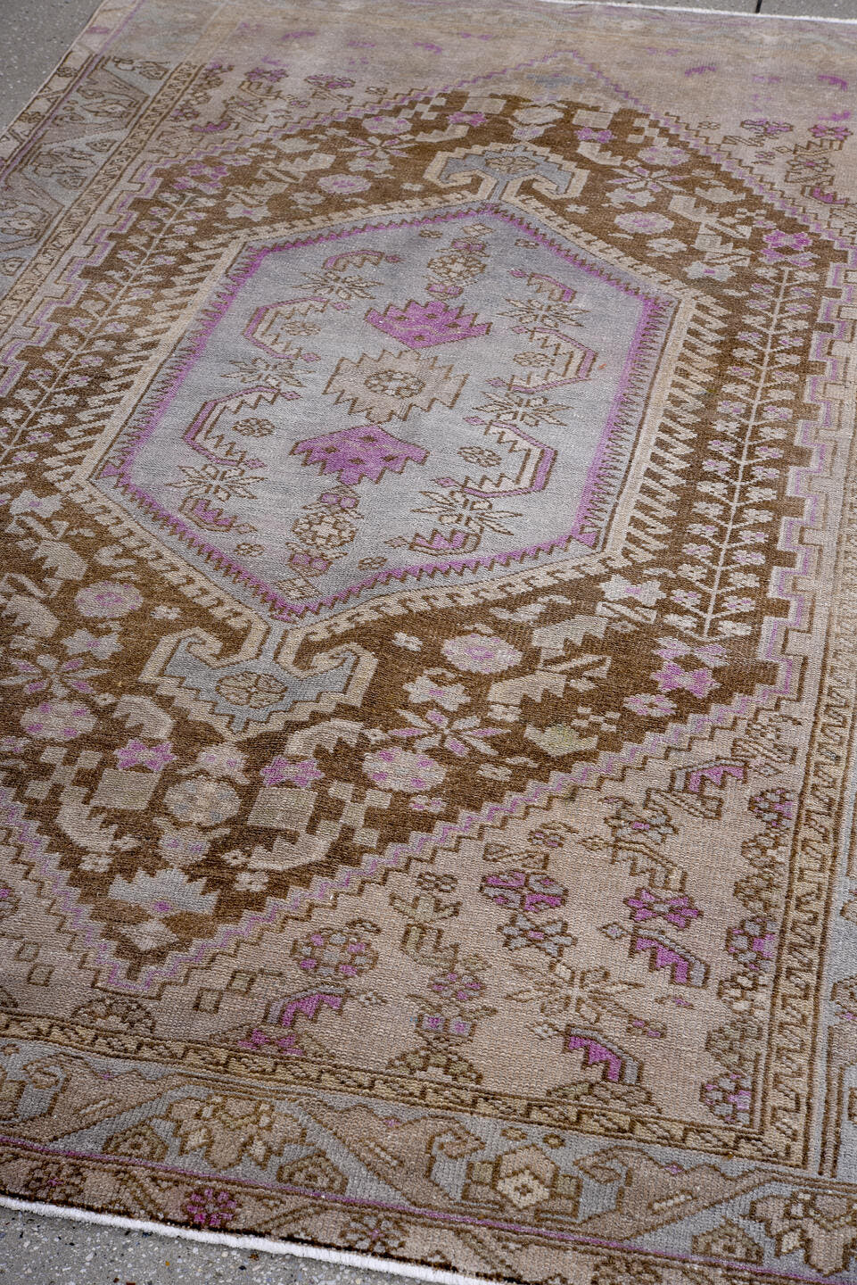 4' x 7' one-of-a-kind handmade vintage Hamadan rug. Color palette: taupe, brown, ivory, lilac, beige, camel, gray, purple