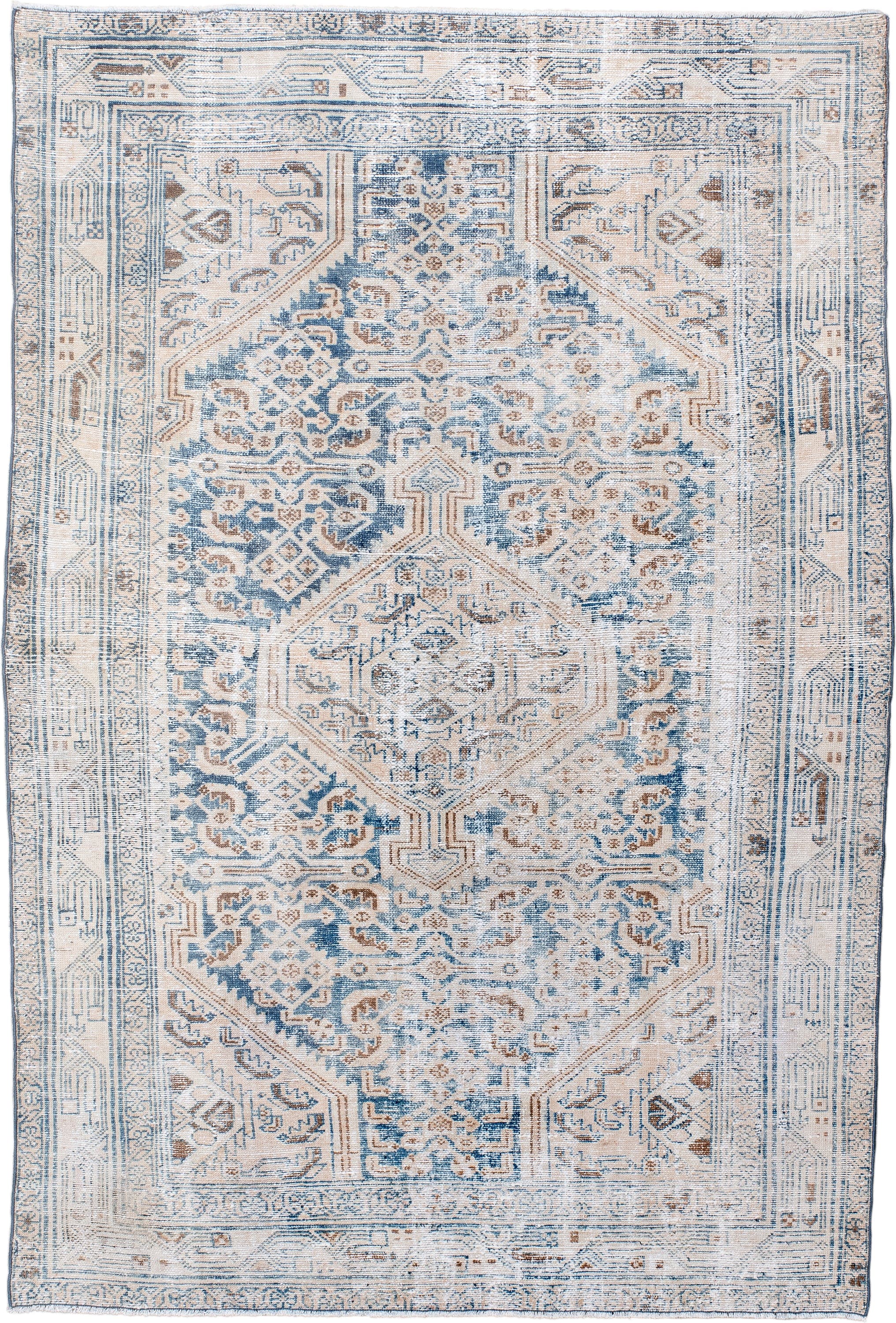 4' x 6' one-of-a-kind handmade vintage Hamadan small size rug. Color palette: ivory, sky blue, camel, taupe, light brown