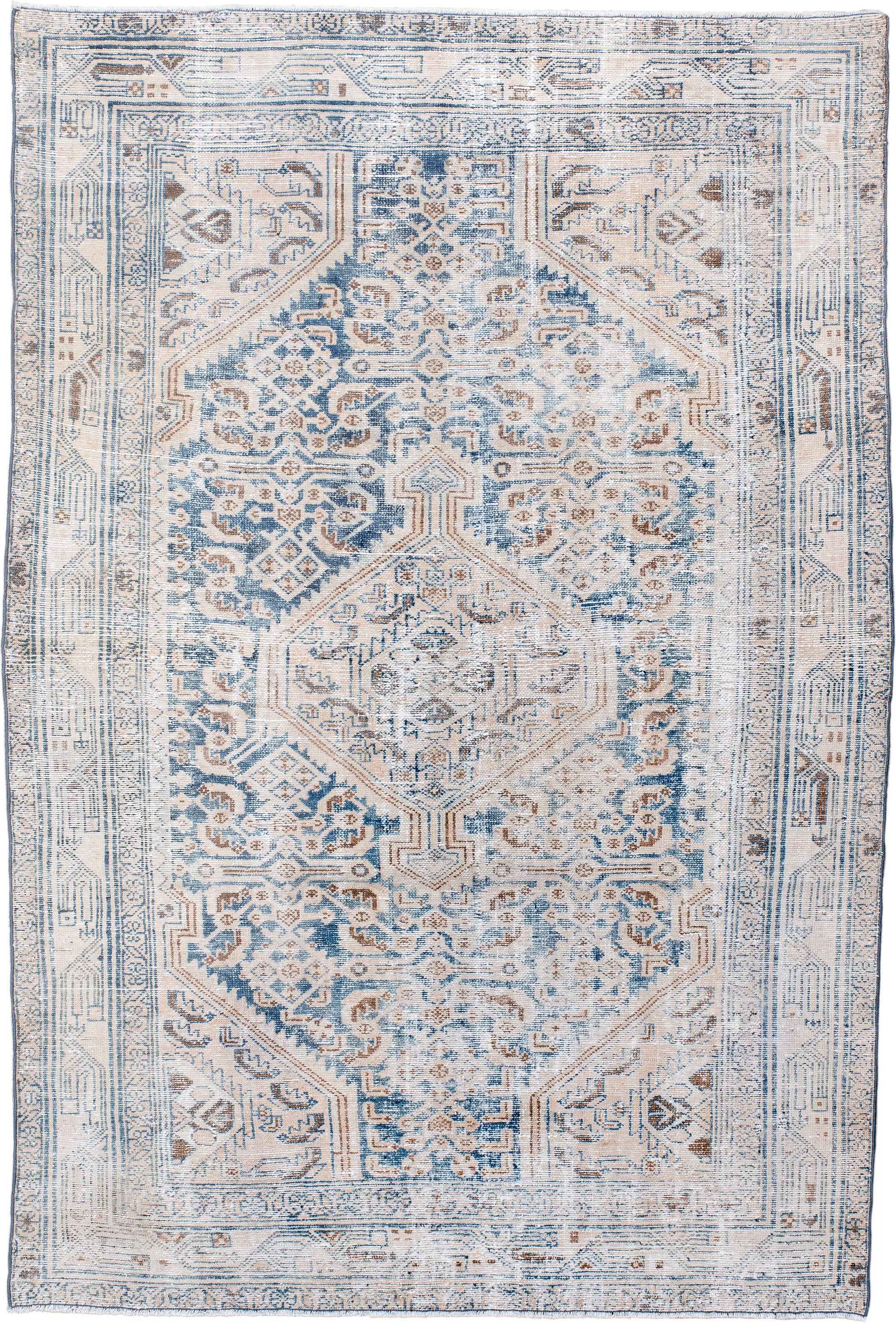 4' x 6' one-of-a-kind handmade vintage Hamadan small size rug. Color palette: ivory, sky blue, camel, taupe, light brown