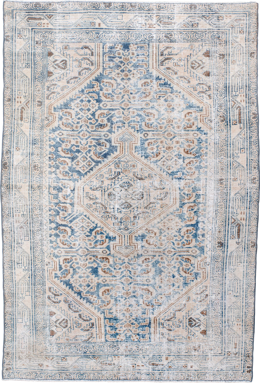 4' x 6' one-of-a-kind handmade vintage Hamadan small size rug. Color palette: ivory, sky blue, camel, taupe, light brown