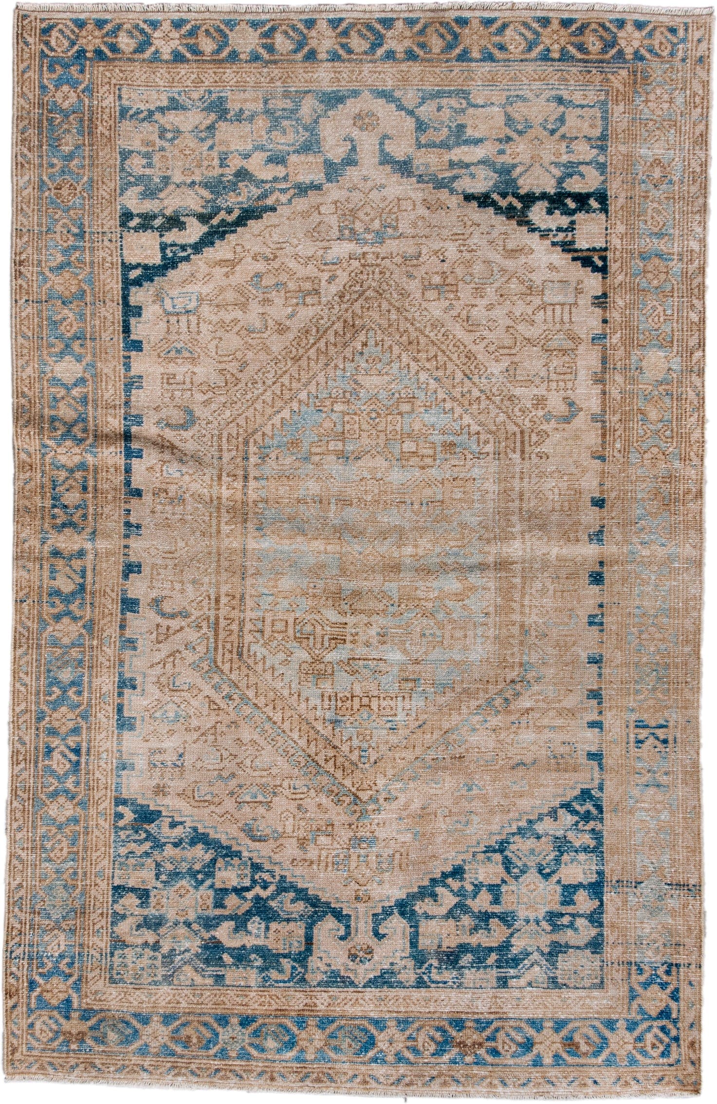 4' x 6' one-of-a-kind handmade antique Malayer small size rug. Color palette: ivory, camel, sky blue, navy, taupe, beige