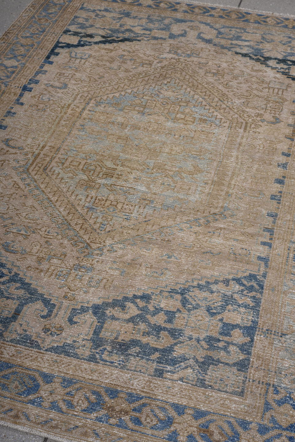 4' x 6' one-of-a-kind handmade antique Malayer small size rug. Color palette: ivory, camel, sky blue, navy, taupe, beige