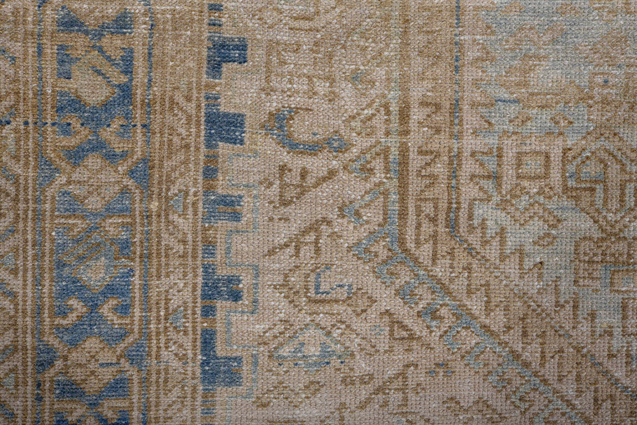 4' x 6' one-of-a-kind handmade antique Malayer small size rug. Color palette: ivory, camel, sky blue, navy, taupe, beige
