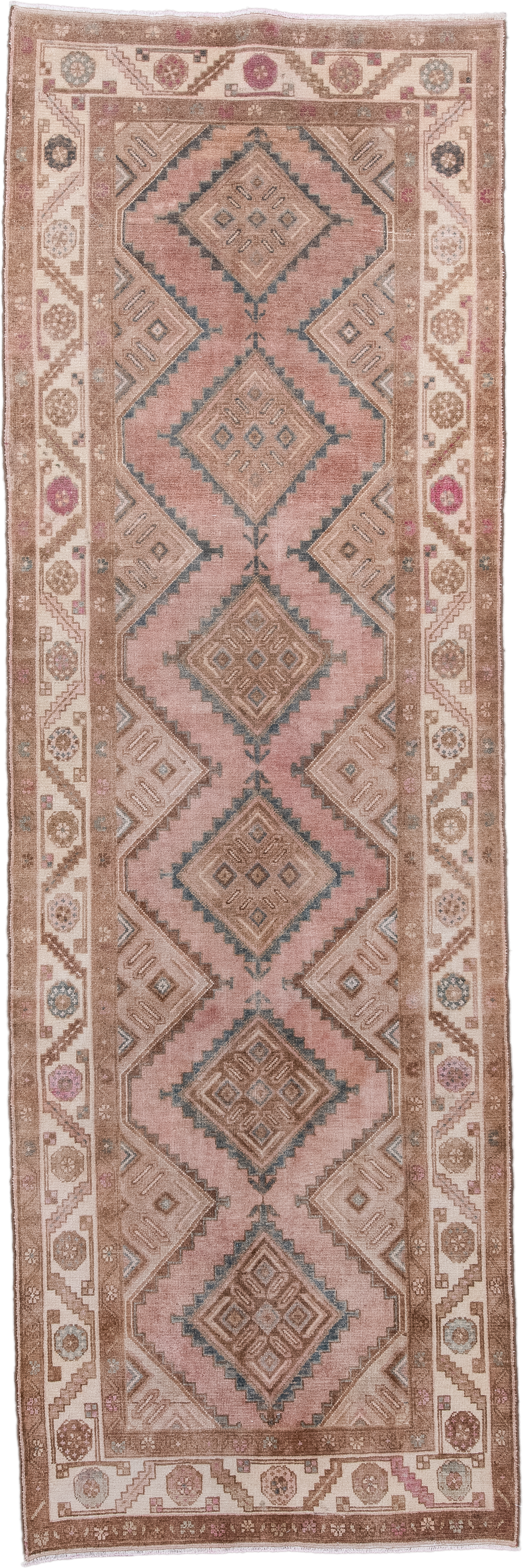 3' x 10' one-of-a-kind handmade vintage Hamadan runner rug. Color palette: rose, taupe, ivory, brown, muted blue, dusty pink