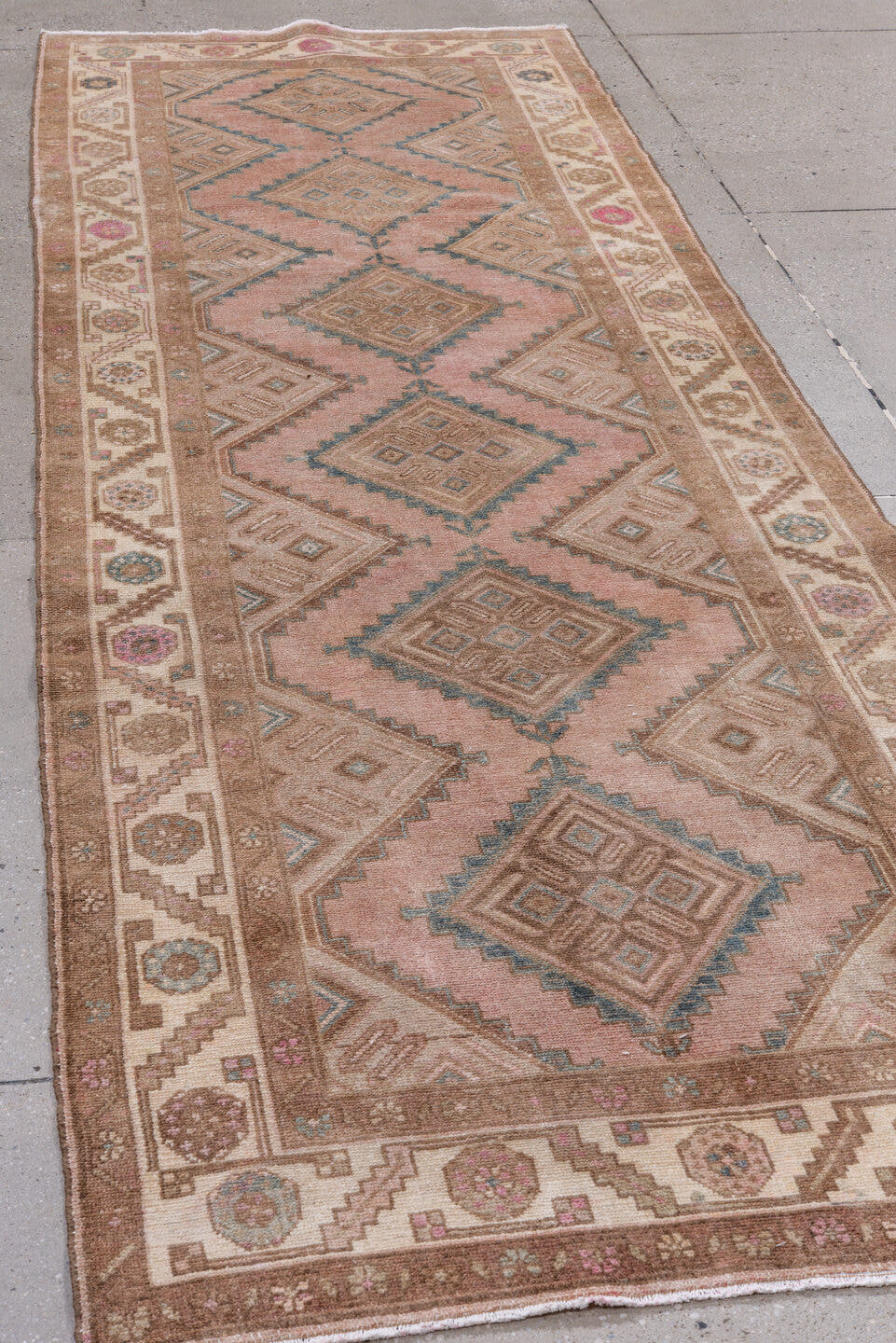 3' x 10' one-of-a-kind handmade vintage Hamadan runner rug. Color palette: rose, taupe, ivory, brown, muted blue, dusty pink