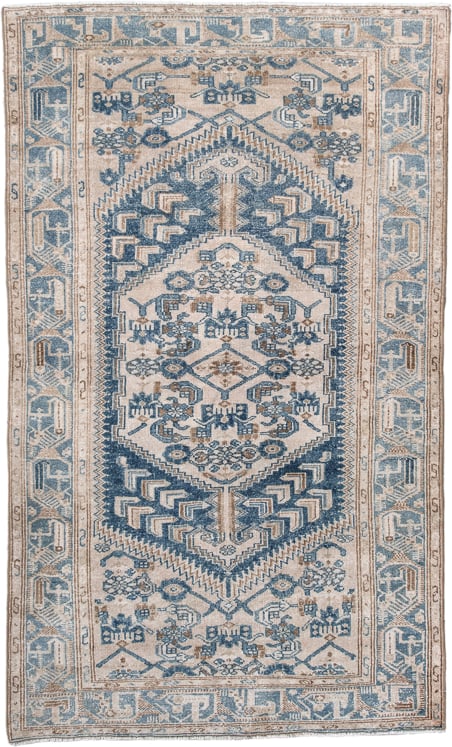 4' x 7' one-of-a-kind handmade antique Hamadan rug. Color palette: ivory, denim, sky blue, taupe, beige, blue, light blue