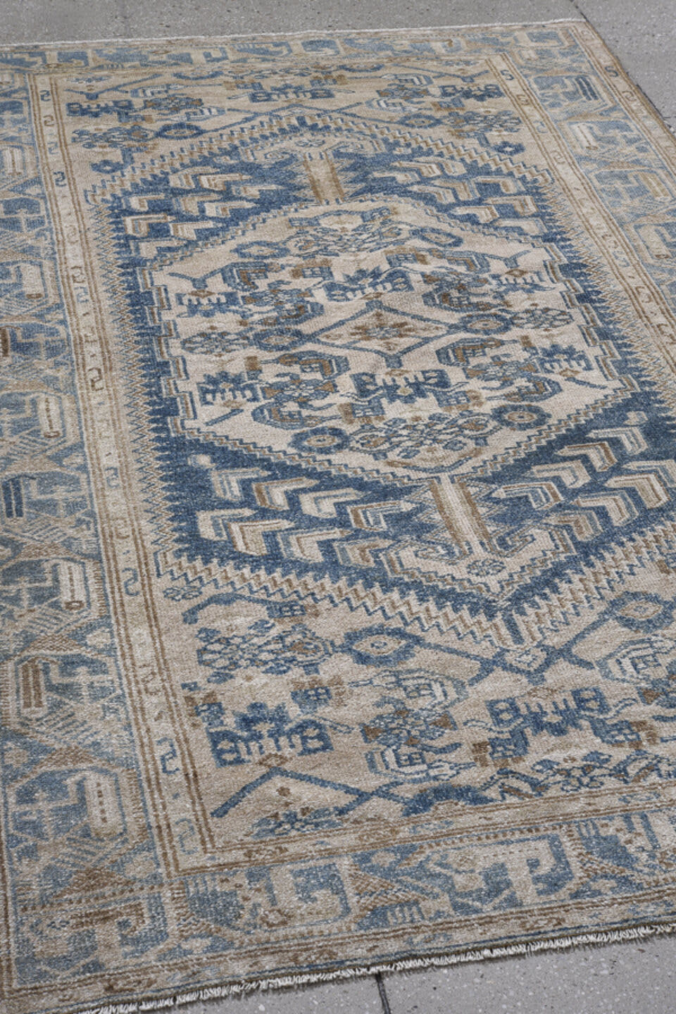 4' x 7' one-of-a-kind handmade antique Hamadan rug. Color palette: ivory, denim, sky blue, taupe, beige, blue, light blue