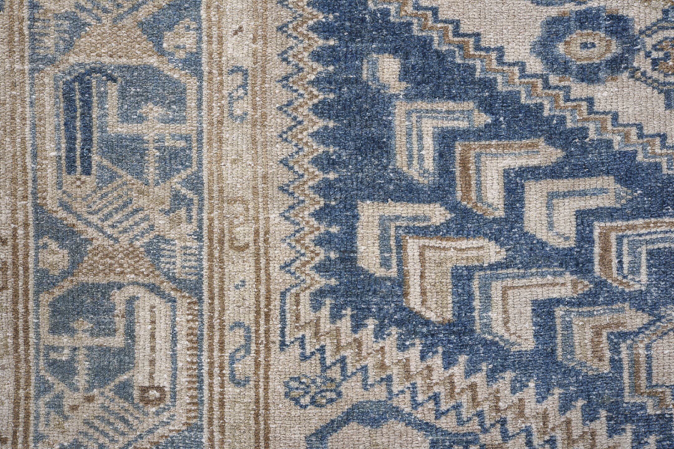 4' x 7' one-of-a-kind handmade antique Hamadan rug. Color palette: ivory, denim, sky blue, taupe, beige, blue, light blue