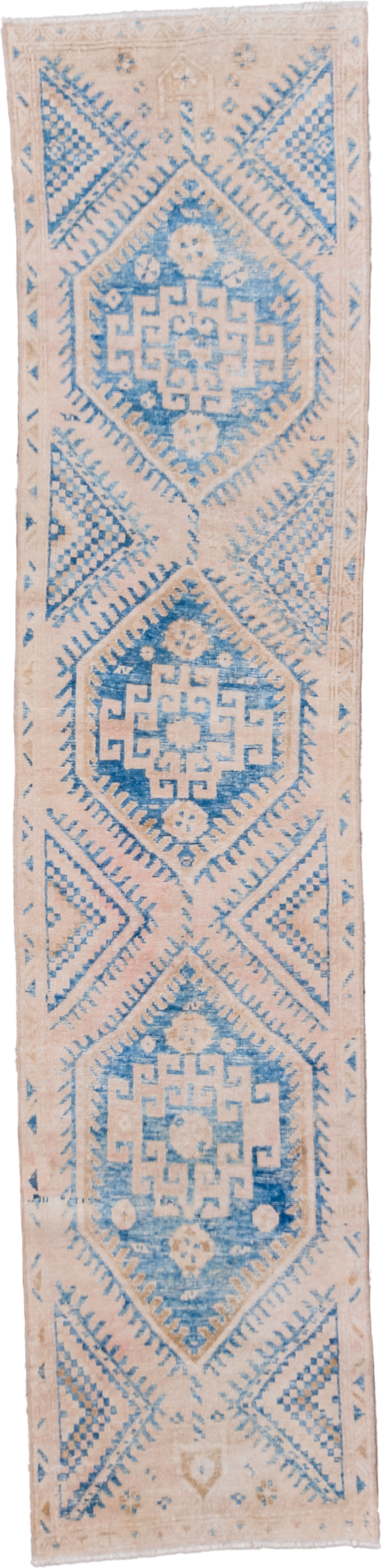 2' x 9' one-of-a-kind handmade vintage Hamadan runner rug. Color palette: ivory, sky blue, beige, camel, light blue