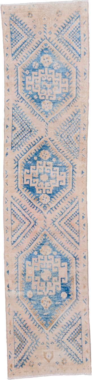 2' x 9' one-of-a-kind handmade vintage Hamadan runner rug. Color palette: ivory, sky blue, beige, camel, light blue