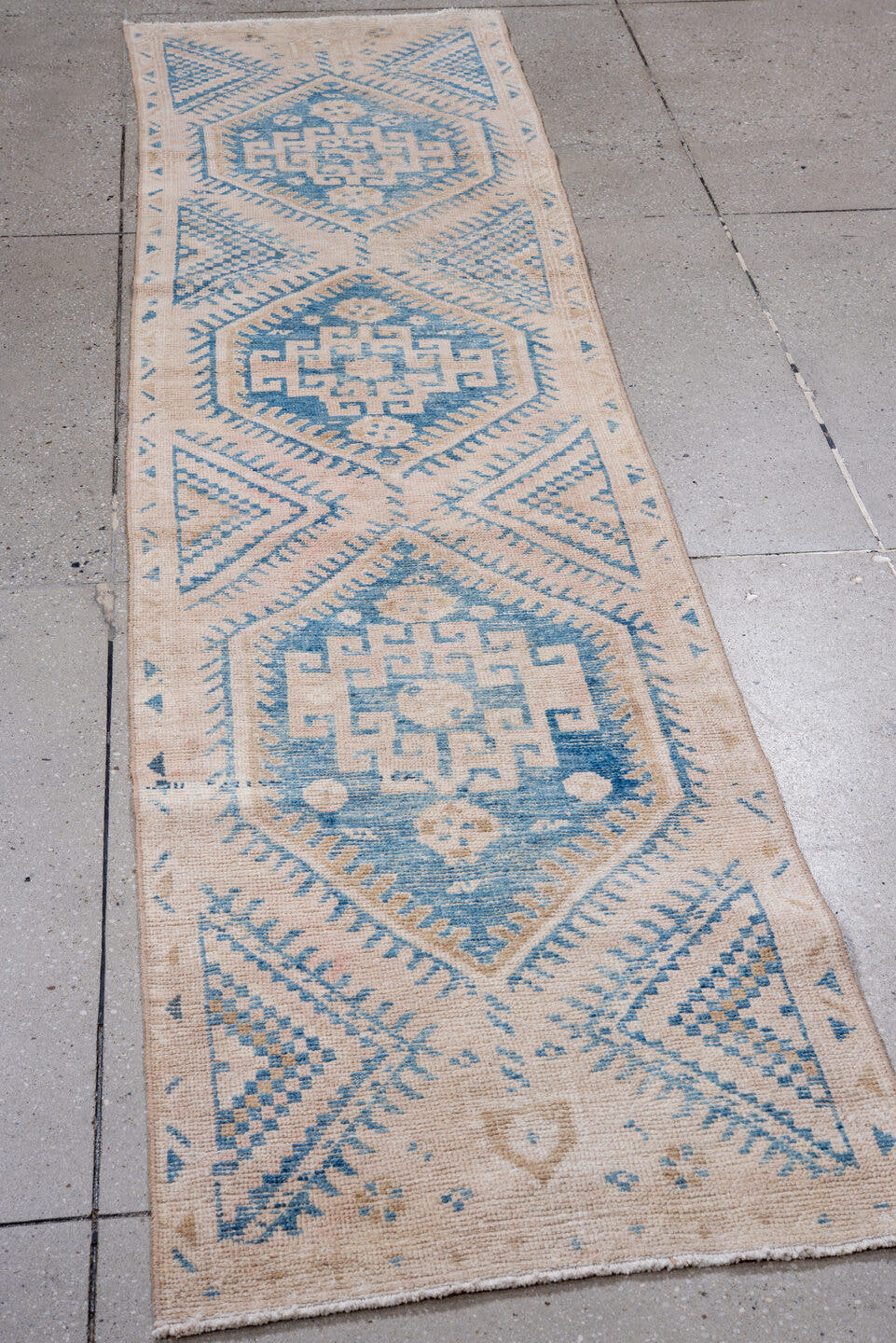 2' x 9' one-of-a-kind handmade vintage Hamadan runner rug. Color palette: ivory, sky blue, beige, camel, light blue