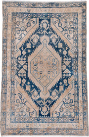 3' x 5' one-of-a-kind handmade antique Hamadan small size rug. Color palette: ivory, indigo, beige, camel, slate, purple