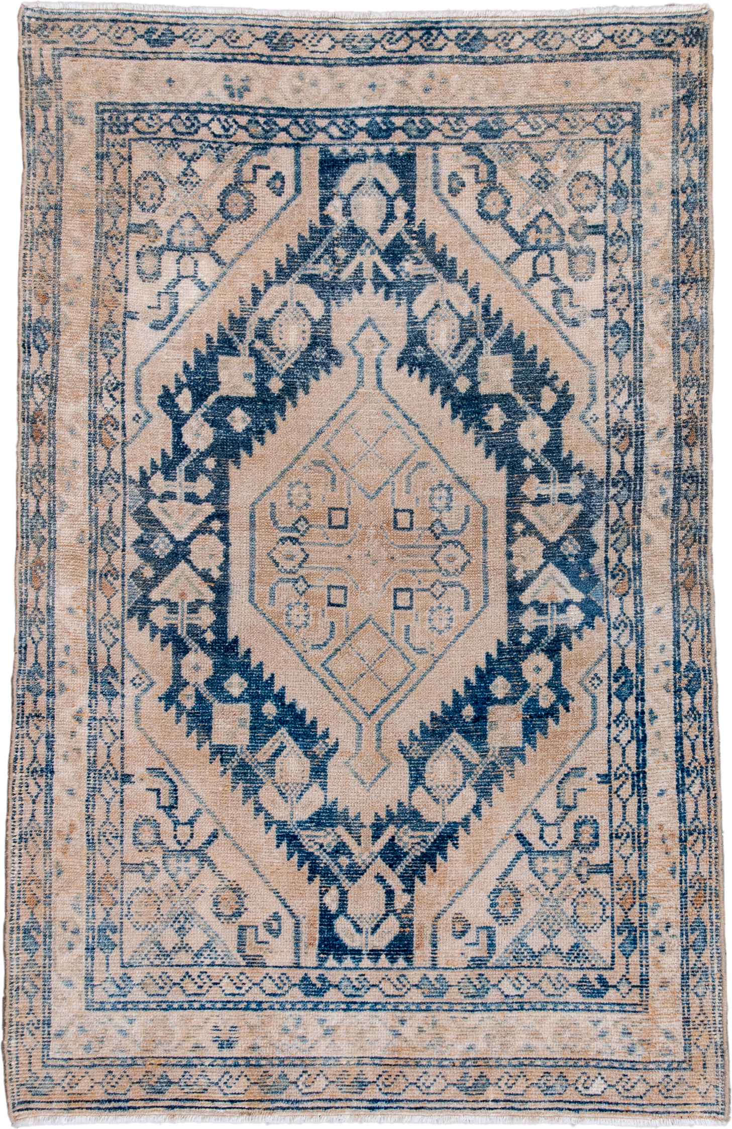 3' x 5' one-of-a-kind handmade antique Hamadan small size rug. Color palette: ivory, indigo, beige, camel, slate, purple