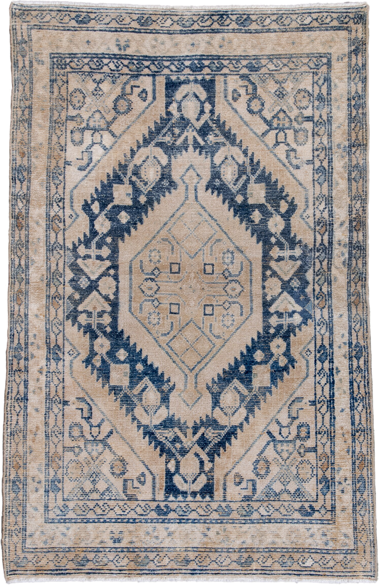3' x 5' one-of-a-kind handmade antique Hamadan small size rug. Color palette: ivory, indigo, beige, camel, slate, purple