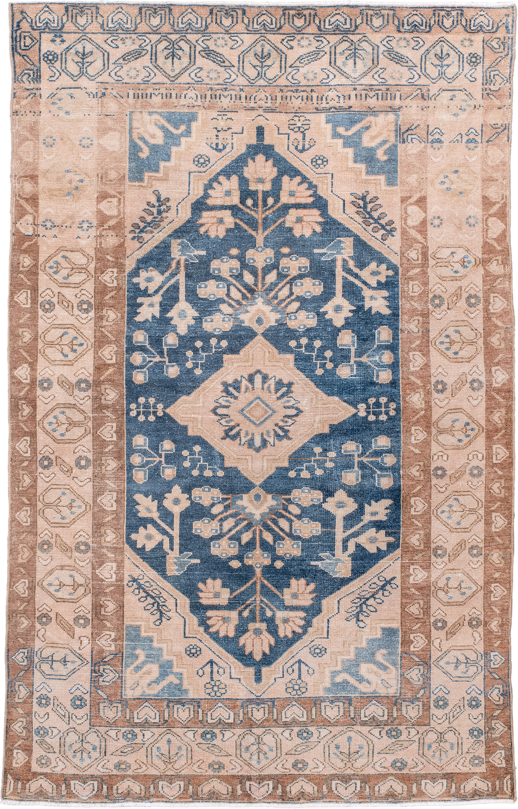 4' x 6' one-of-a-kind handmade antique Hamadan small size rug. Color palette: ivory, blue, taupe, camel, beige, gray