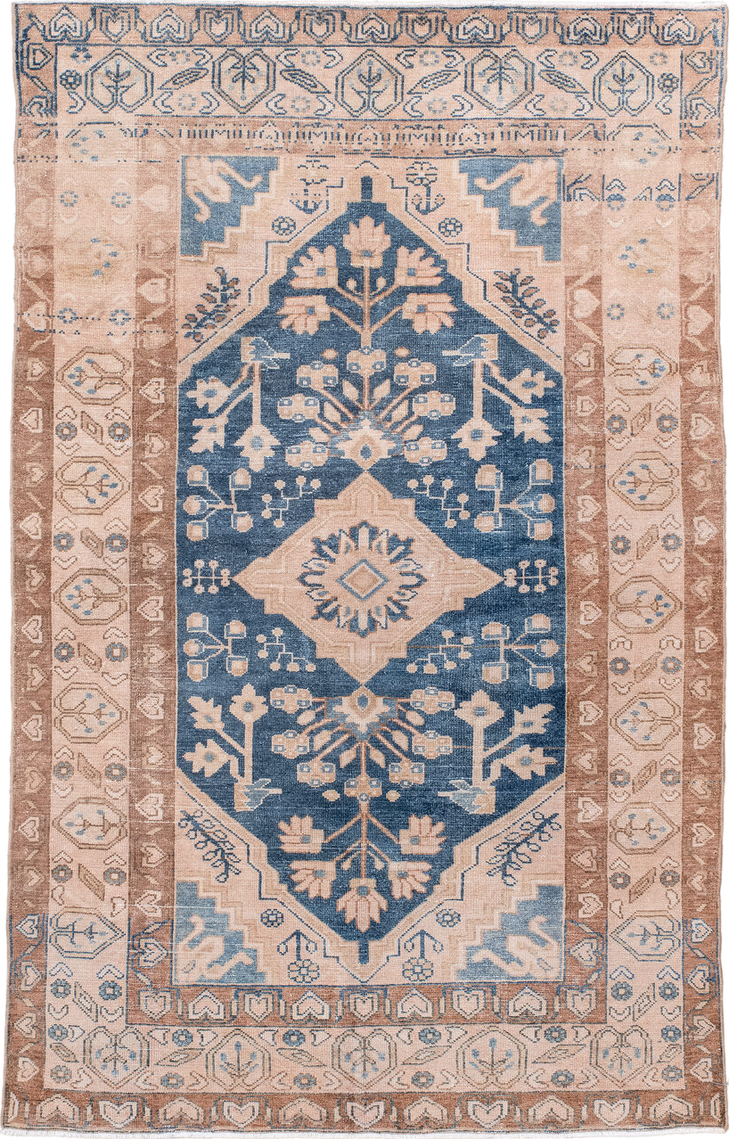 4' x 6' one-of-a-kind handmade antique Hamadan small size rug. Color palette: ivory, blue, taupe, camel, beige, gray