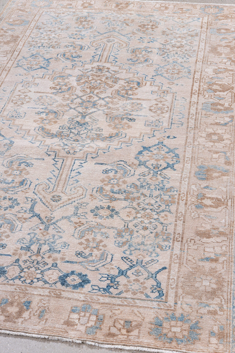 4' x 6' one-of-a-kind handmade vintage Malayer rug. Color palette: ivory, taupe, sky_blue, beige, camel, gray, light blue