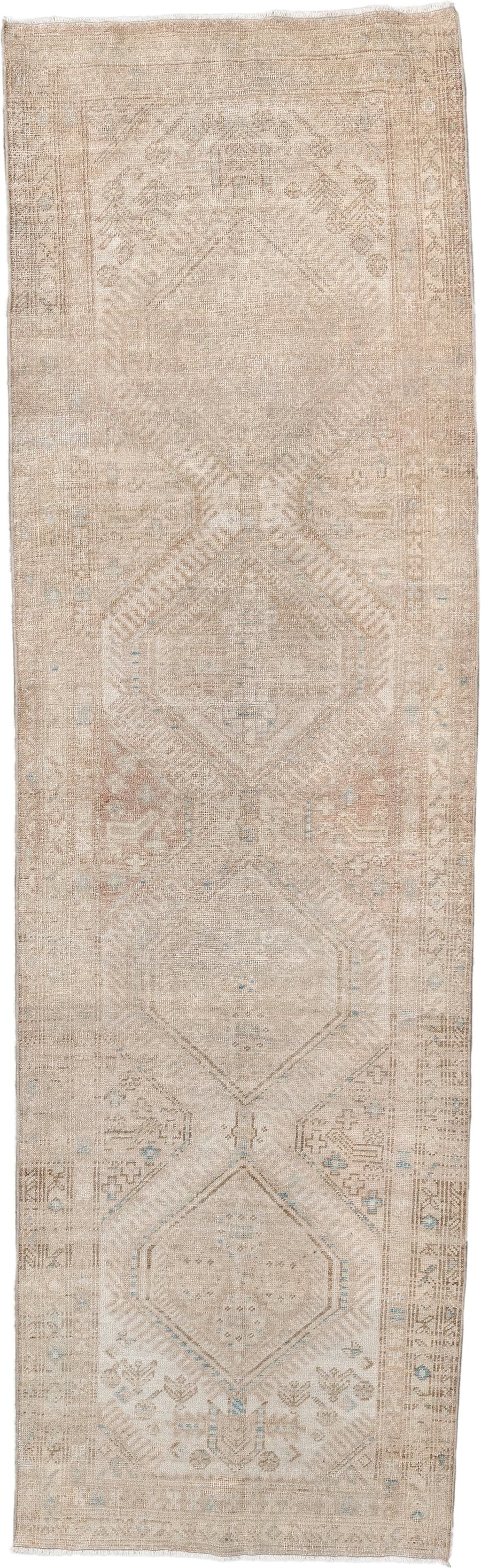 3' x 10' one-of-a-kind handmade antique Sarab runner rug. Color palette: ivory, beige, taupe, camel, pale blue, light brown