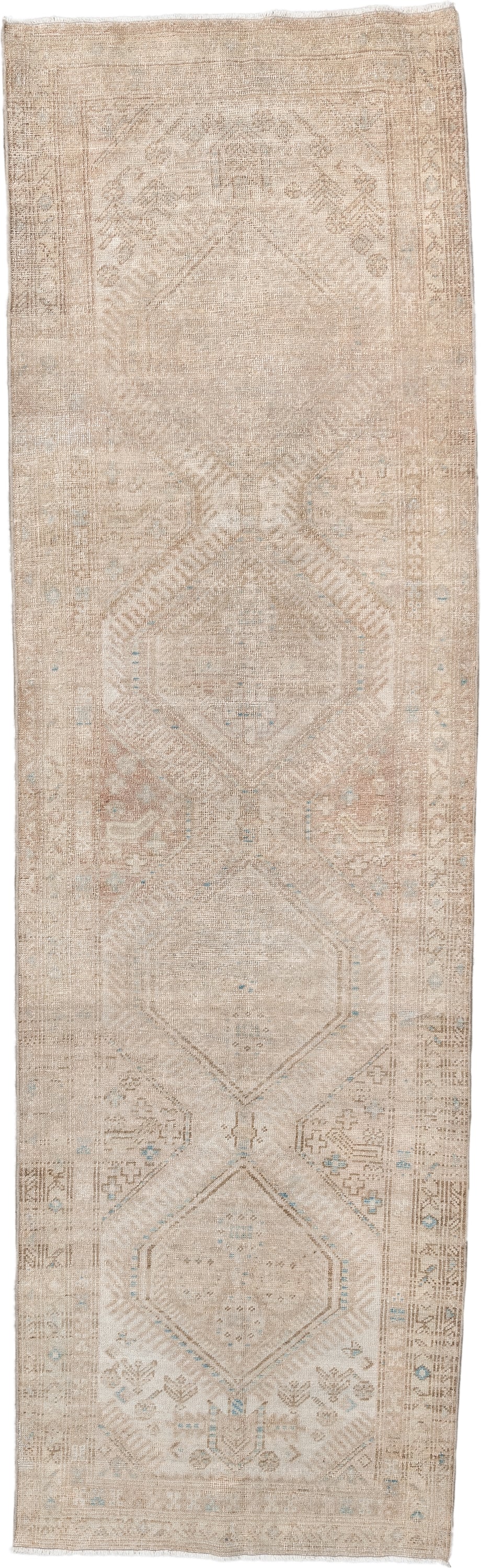 3' x 10' one-of-a-kind handmade antique Sarab runner rug. Color palette: ivory, beige, taupe, camel, pale blue, light brown