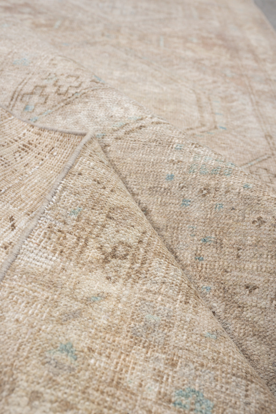 3' x 10' one-of-a-kind handmade antique Sarab runner rug. Color palette: ivory, beige, taupe, camel, pale blue, light brown
