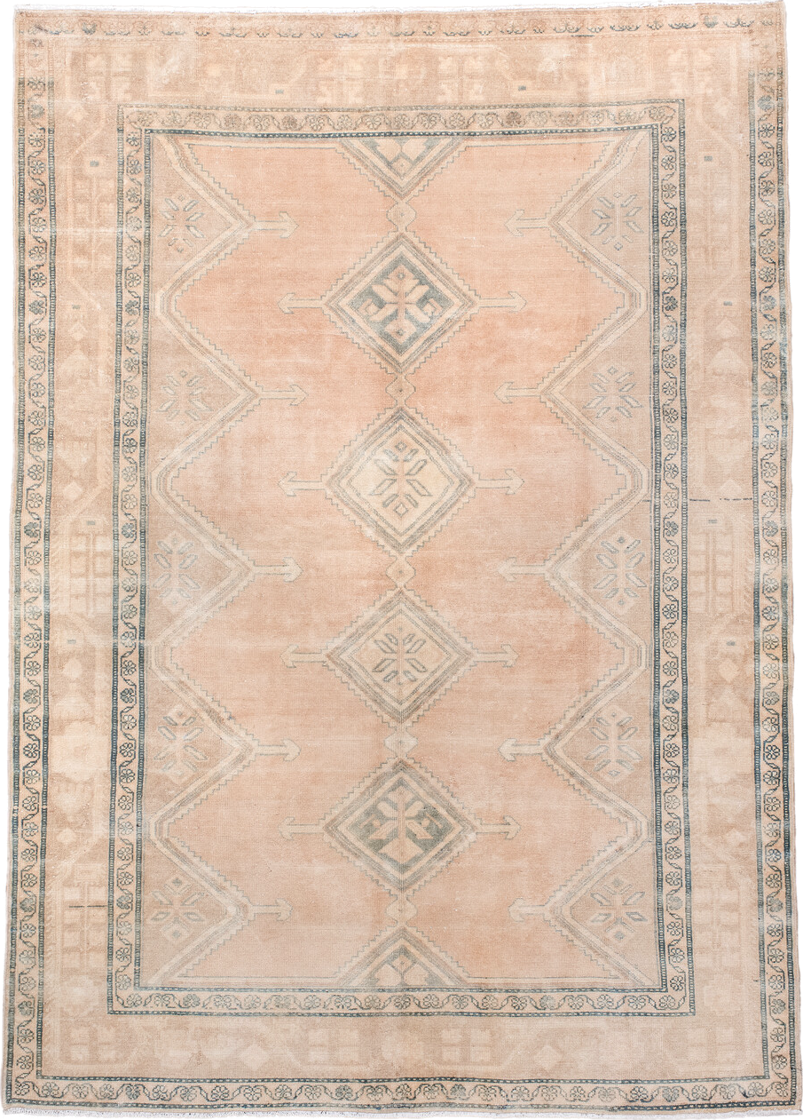 4' x 6' one-of-a-kind handmade antique Malayer small size rug. Color palette: blush, ivory, taupe, sage, beige, pink, gray