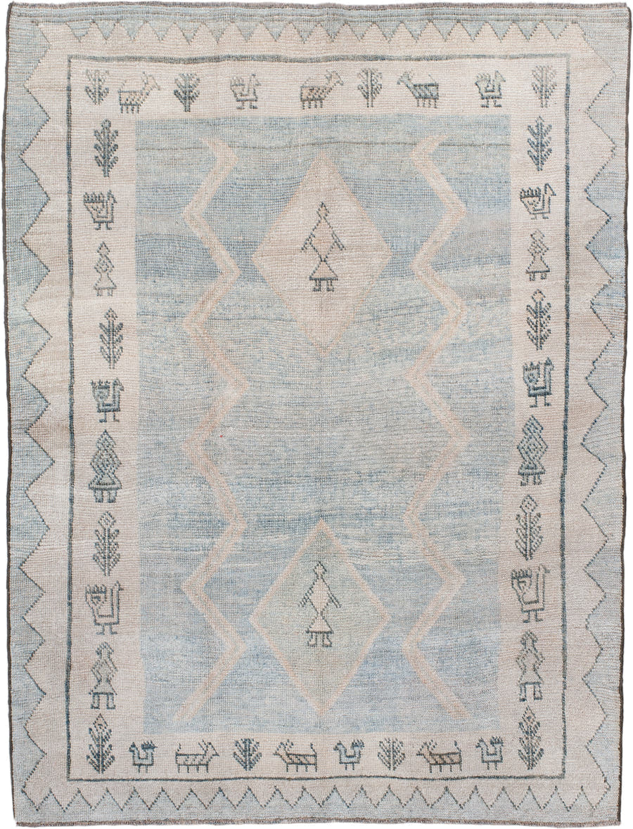 4' x 6' one-of-a-kind handmade antique Gabbe small size rug. Color palette: ivory, pale blue, slate, taupe, light blue, gray
