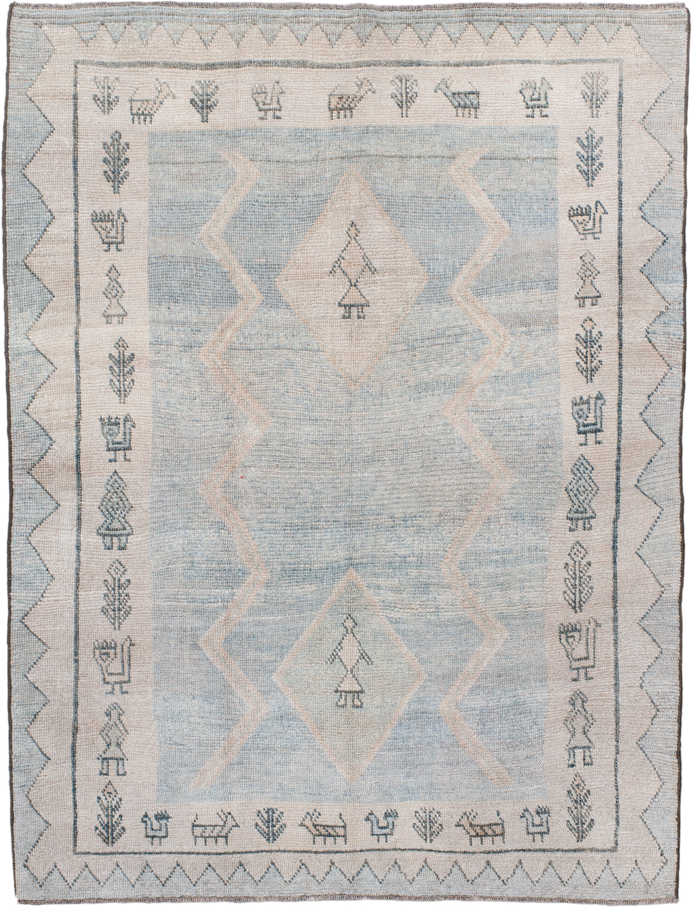 4' x 6' one-of-a-kind handmade antique Gabbe small size rug. Color palette: ivory, pale blue, slate, taupe, light blue, gray
