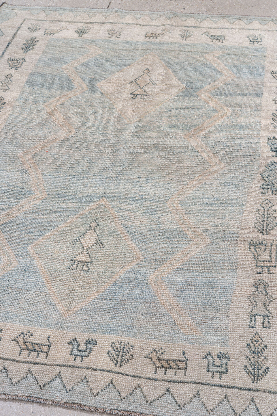 4' x 6' one-of-a-kind handmade antique Gabbe small size rug. Color palette: ivory, pale blue, slate, taupe, light blue, gray