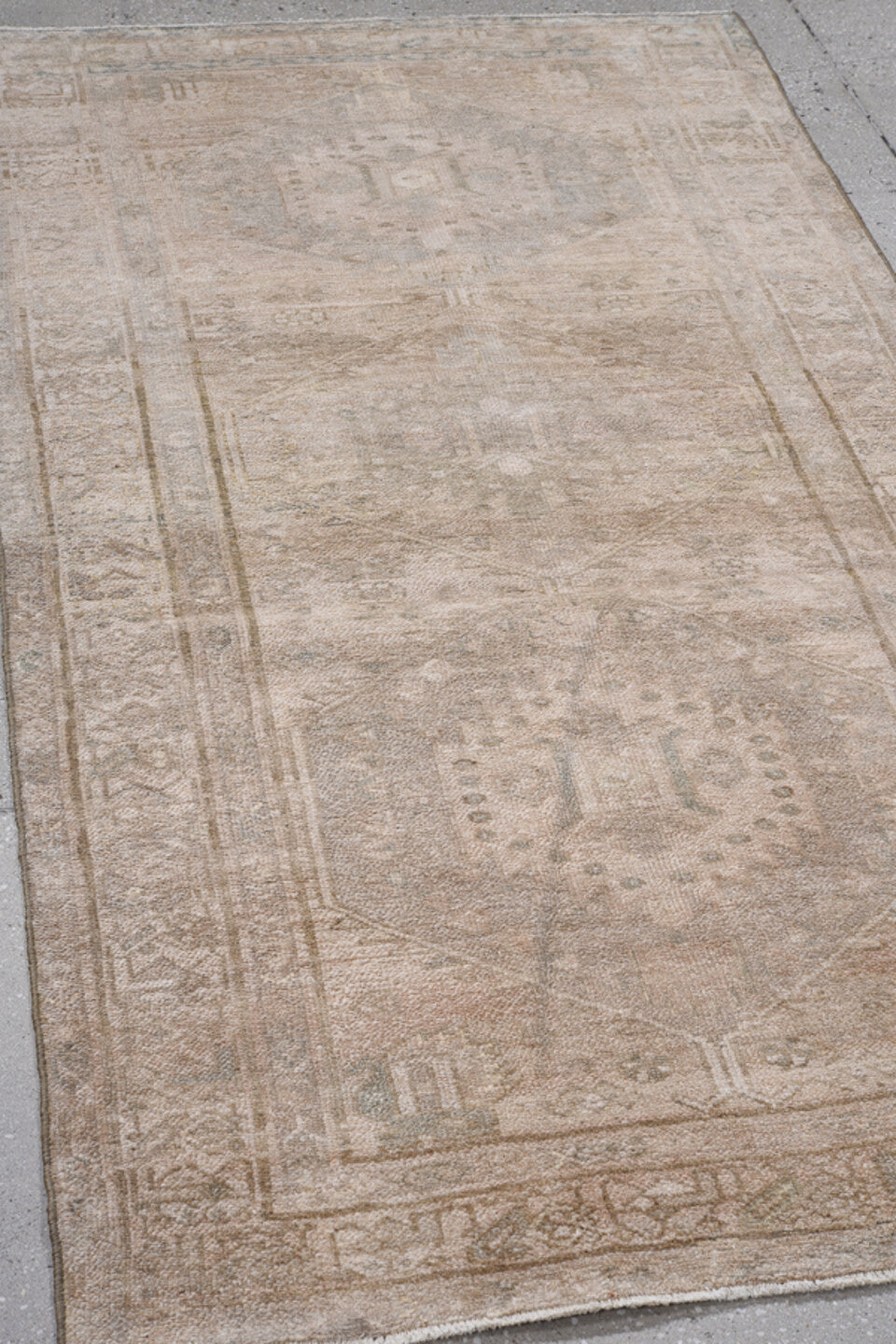 3' x 6' one-of-a-kind handmade antique Hamadan rug. Color palette: beige, taupe, ivory, camel, sand, gray