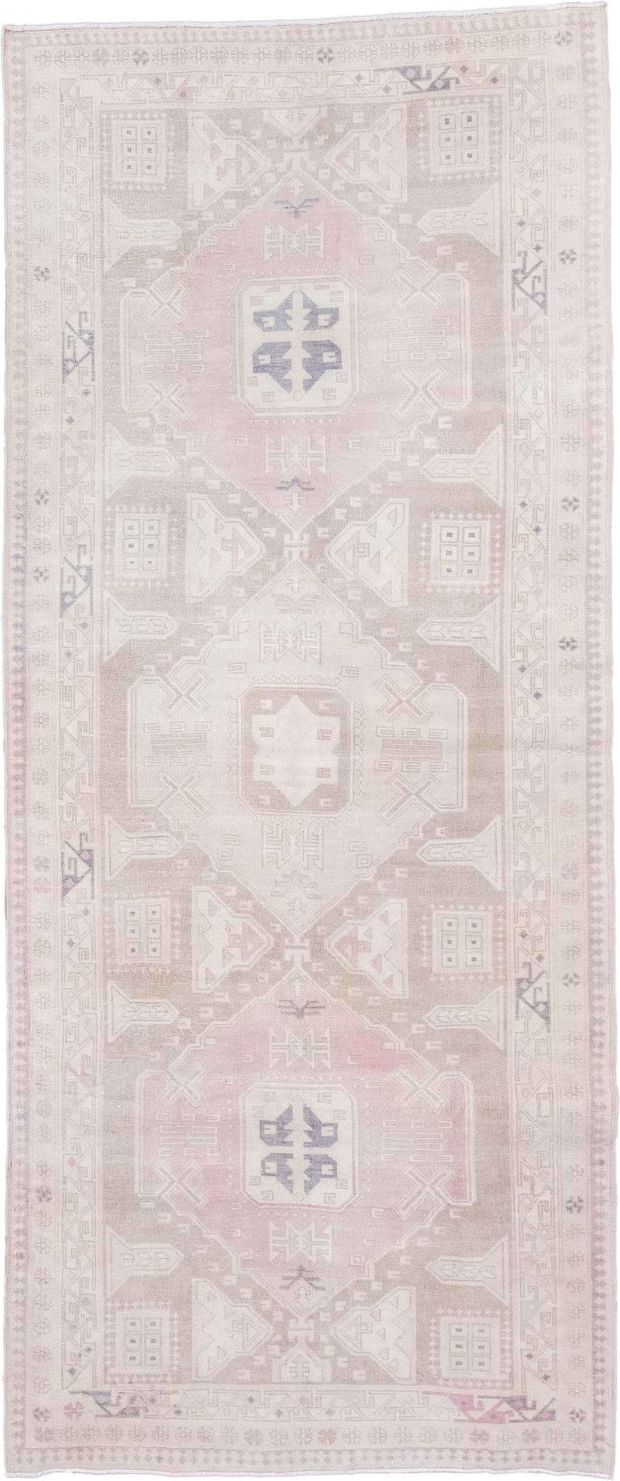 4' x 9' one-of-a-kind handmade vintage Meshkin runner rug. Color palette: ivory, blush, taupe, beige, dusty rose, slate