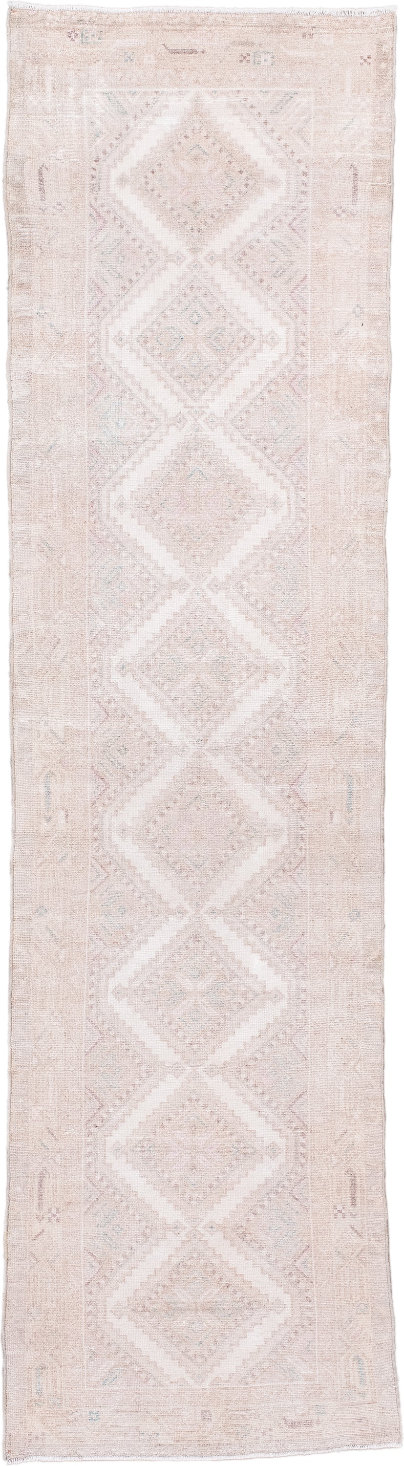 2' x 8' one-of-a-kind handmade antique Hamadan runner rug. Color palette: ivory, blush, taupe, pale blue, sand, pink, beige